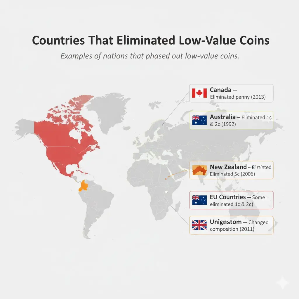 World map showing countries that eliminated small denomination coins